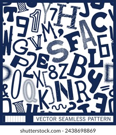 Typographic composition of non-repeating Latin letters and numbers. Each one has a unique design. Seamless pattern. Vector graphics