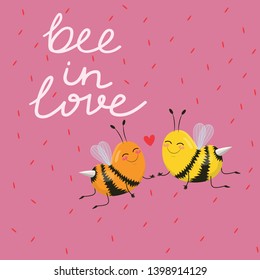 Typographic design bee in love with a cute cartoon image of a pair of bees for Valentine s design. vector image