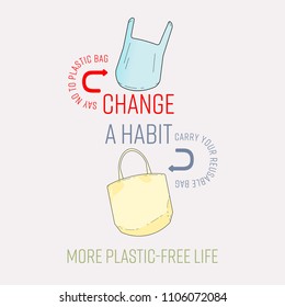 Typographic design of change a habit with plastic and reusable bag icon. More plastic-free life concept. Vector illustration.