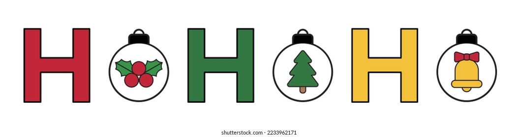 Typografisches Design des Weihnachtskonzepts, Winterfest im Dezember. Früchte, Arten und Baumsymbole im Ball der Baumschmuck.