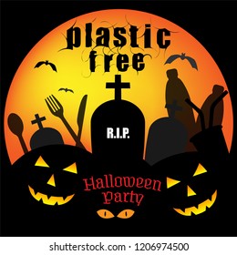 Typographic design with composition of single-use plastic product icons and halloween symbols. Plastic free halloween party concept. Vector illustration.