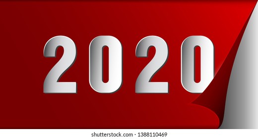 Typographic design  with a curled corner of paper and number 2020 cut out of paper. White numbers 2020 - symbol of the new year. Vector illustration. White numbers on a red background