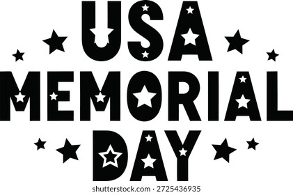 Un diseño tipográfico con 'USA MEMORIAL DAY' con estrellas, que simboliza el patriotismo y el recuerdo.