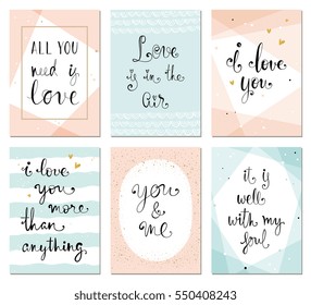 Valentine'sÂ minimalisticÂ cards with typographic design. Geometric greeting cards in trending pink, blue, gold and black colors.Â Vector illustration.