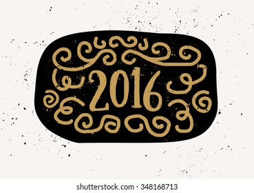 Typographic design greeting card template with the number 2016. Doodles and swirls in golden yellow on black and cream background.