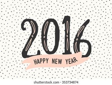 Typographic design greeting card template "2016 Happy New Year". Vintage style poster, greeting card, postcard design in black, cream and pastel pink.