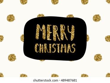 Typographic design greeting card template with gold glitter text and polka dots pattern on cream background.