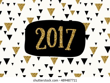 Typographic design greeting card template with gold glitter and black triangles on cream background.