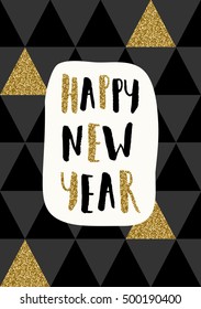 Typographic design greeting card template with gold glitter and black letters on dark geometric background.