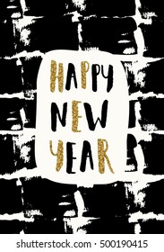 Typographic design greeting card template with gold glitter and black letters on an abstract brush strokes background.