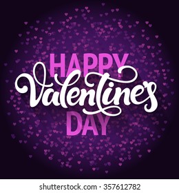 Typographic design 'Happy Valentine's Day'. Hand lettering on sparkling violet background with a lot of hearts.