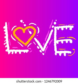 Typographic design isolated on violet background. Text Love written with white letters