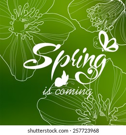 Typografisches Design. Letters Spring Design auf unscharfem Hintergrund mit Schmetterlingen und Kirschblüte oder Sakura.