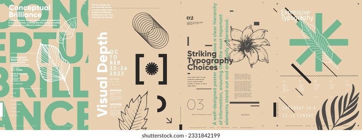 Typografisches Design und minimalistische Hintergrundelemente. Eine Reihe von Vektorelementen zum Entwerfen von Plakaten, Etiketten, Bannern.  Broschüre Template Layout. Moderne Vektorgrafiken.