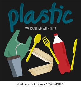 Typographic design with outline flat symbols of single-use plastic product. Single-use plastic product we can live without concept. Vector illustration. 