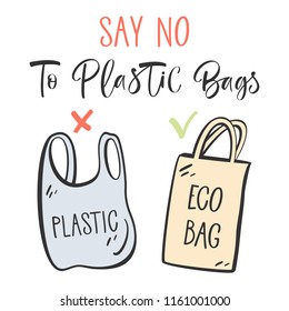 Typographic design with plastic and reusable bag. No plastic, bring your own bag concept. Vector illustration.