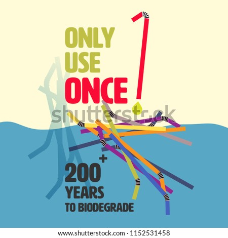 Typographic design with plastic straw outline flat icon as a gimmick. Use once, long time biodegradation concept. Vector illustration.