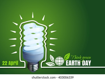 Typographic design poster for Earth Day. 22 April. Earth Day card with energy-saver style light, plant, leaves, globe. Vector illustration