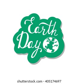 Typographic design poster for Earth Day with world map. Vector background. Green global planet.