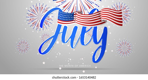 Diseño tipográfico para el mes especial en un año con tipografía azul sobre fondo blanco degradado. Julio es un mes de EEUU para el Día de la Independencia el 4 de julio.
