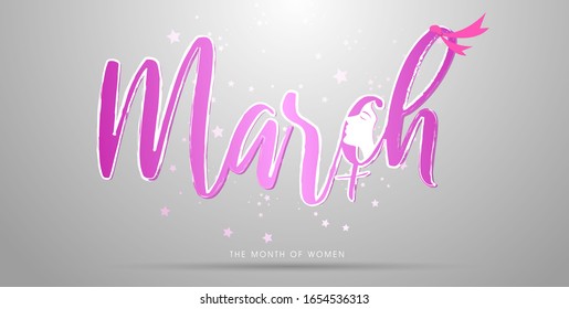 Diseño tipográfico para el mes especial en un año con tipografía rosada en fondo blanco degradado. Marcha es un mes para el Día de la Mujer