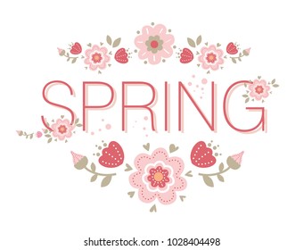 Typographic design text Spring with floral decor. For seasonal spring greetings, invitations, posters, pages in social networks
