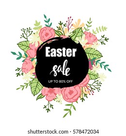 Typographic Easter sale poster design with floral decoration. Vector illustration.