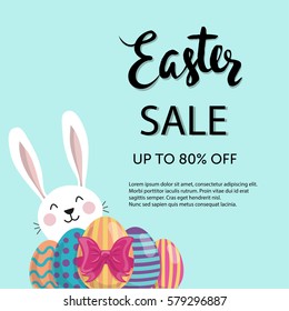 Typographic Easter sale poster. Flyer design template. Cute Easter bunny character and painted eggs. Vector illustration.