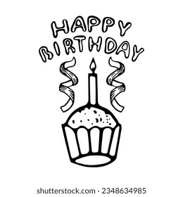 Elemento tipográfico en estilo doodle. Pastel con velas, serpentina y feliz cumpleaños.