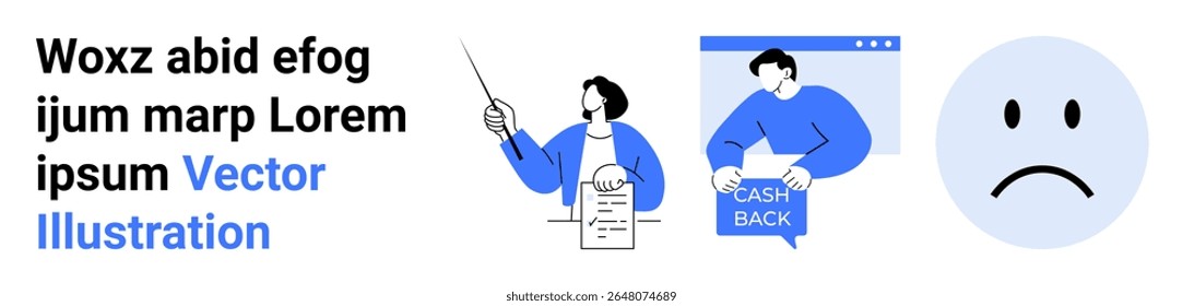 Typographic elements, figure with pointer, man holding cashback sign, sad emoticon. Ideal for business, marketing, finance, presentations, teaching, customer engagement emotional representation