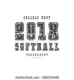 Typographic emblem of softball team. Graphic design with rough texture for t-shirt. Black print on white background