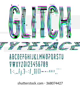 Typographic glitch font with digital image data distortion, digital decay, vector illustration.