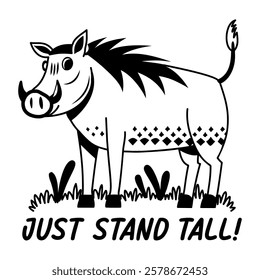 Typographic glyph style sticker of warthog with just stand tall text 

