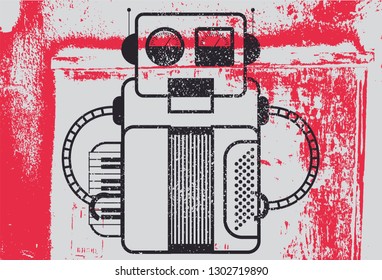 Typographic grunge poster design with retro robot musician. Vector illustration.