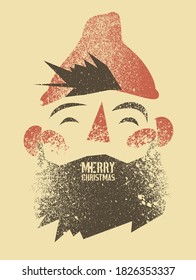 Typographic grunge vintage Christmas card design with cartoon bearded man. Retro vector illustration.