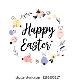 Typographic Happy Easter card with floral elements bunny and lettering formed in wreath. Vector Flat graphics. Perfect for Spring Easter design.