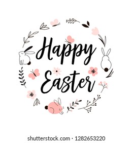 Typographic Happy Easter card with floral elements bunny and lettering formed in wreath. Vector Flat graphics. Perfect for Spring Easter design.