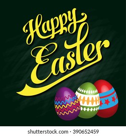 typographic Happy easter greeting card on the dark green chalk board background with 3D eggs. vector illustration