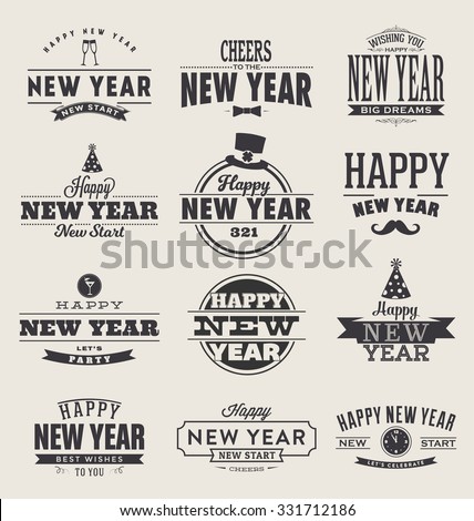 Typographic Happy New Year  Design Set - Trendy Vintage Style Collection