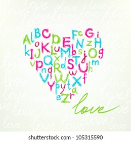 Typographic illustration with colorful decorative heart with hand drawn alphabet. Template for design and decoration greeting cards, wrapping, scrapbooking, covers. Scribble comic cute font.