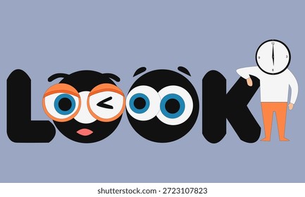 Ilustración tipográfica "Look" con personajes de ojos lindos, adecuados para el diseño creativo y los medios visuales modernos.