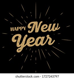 typographic illustration of Happy NEW YEAR retro label with light rays. lettering composition.