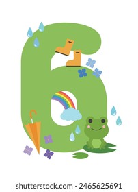 Typographic illustration of June summer concept. Set of number 6 and frog characters with umbrella, rain boots, flowers, rain, rainbow and hydrangeas.