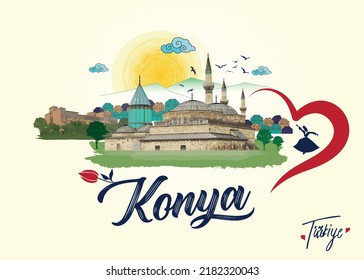 Typografische Illustration von Konya Silhouette in der Türkei