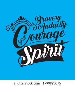 Typographic illustration with similar words for courage in different fonts and blue background