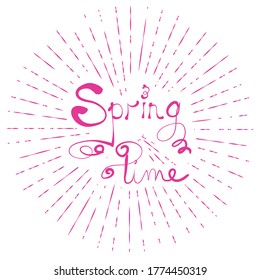 ilustración tipográfica de la etiqueta retro SPRING TIME con rayos de luz. composición por letras.
