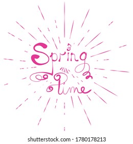 typographic illustration of SPRING TIME retro label with light rays. lettering composition.