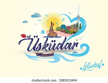 Typographic illustration of Uskudar silhouette in Istanbul Turkey