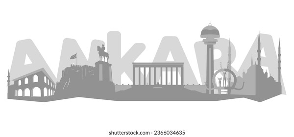 Typographic illustrations city of Ankara buildings silhouette in Turkey