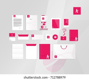 Typographic K logo. Corporate identity template set. Business stationery mock-up